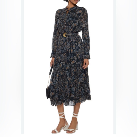 NICHOLAS Dresses & Skirts - NICHOLAS Paisley Floral tiered Ruffle Dress with belt/ black, brown, blue/Size 0